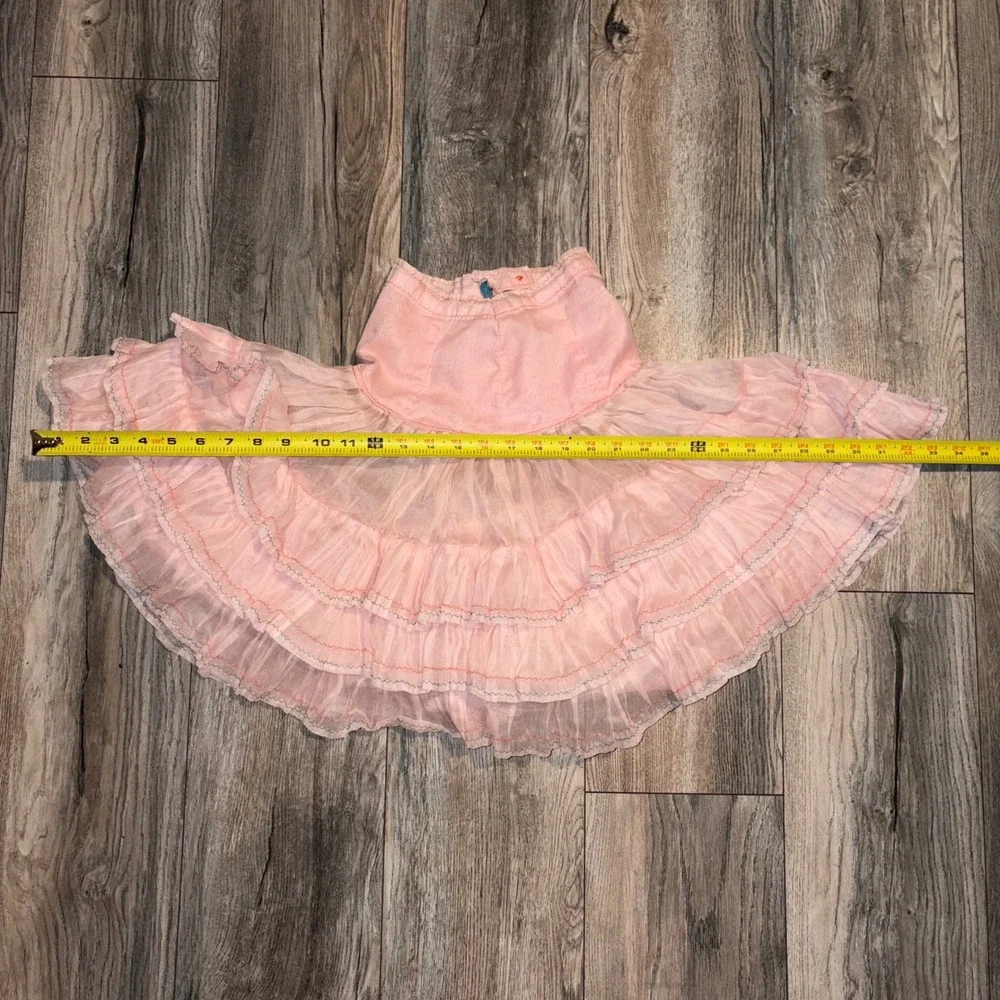 Vintage Pink Tiered Ruffle Crinoline Skirt Kids Metal Zipper Sheer Petticoat